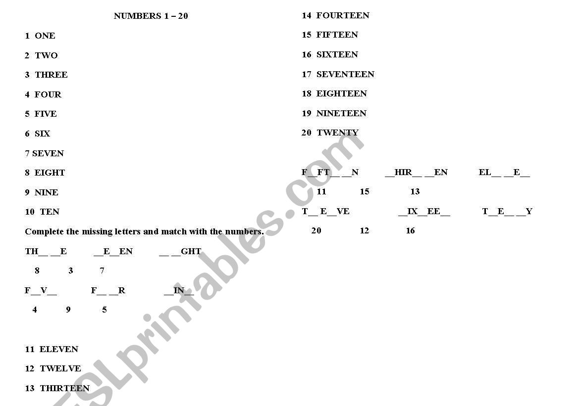 Numbers 1-20 worksheet