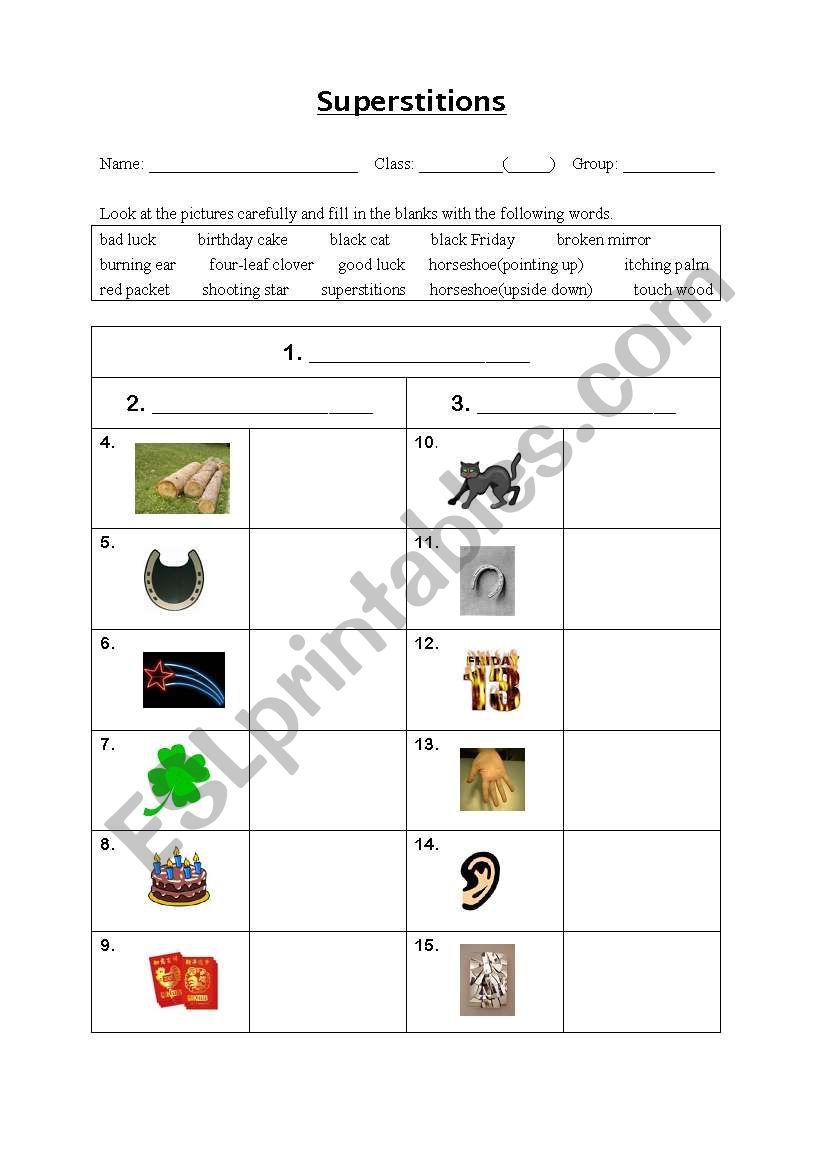 vocabulary on superstitions worksheet