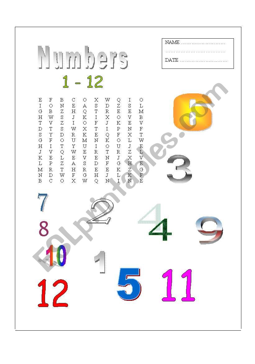 Numbers 1-12 - word search worksheet