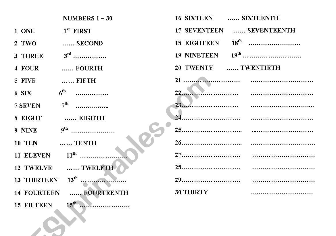 Ordinal Numbers 1 30 Worksheet