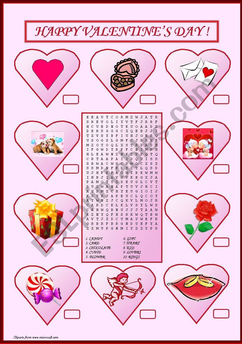 Valentines Day wordsearch worksheet