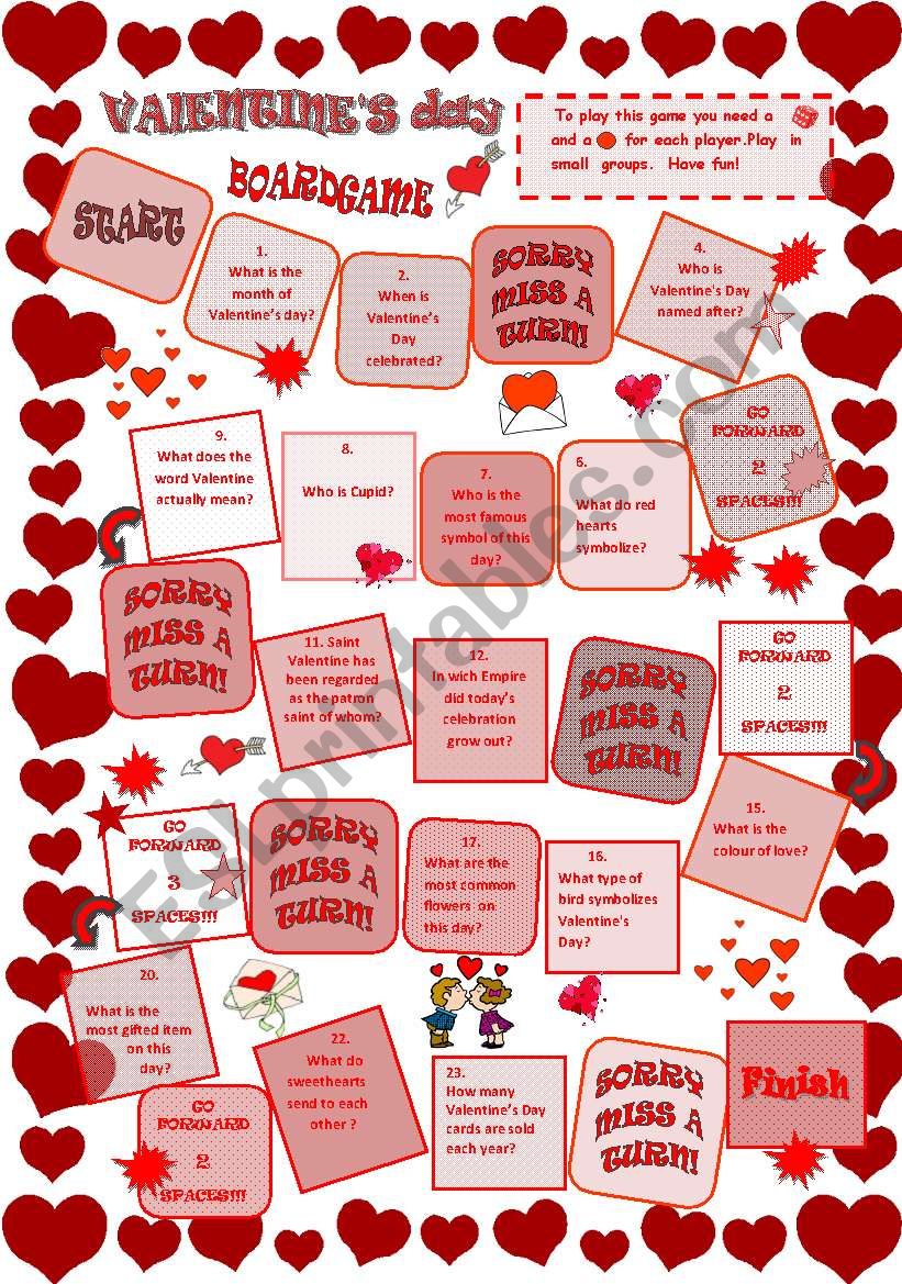 ValentineÂ´s Day Board Game - ESL worksheet by Szilvi