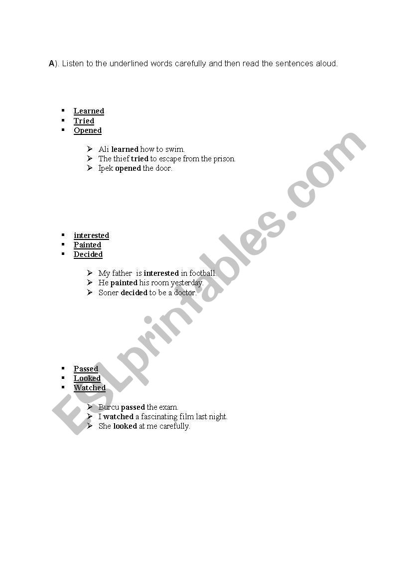 pronunciation of -ed worksheet