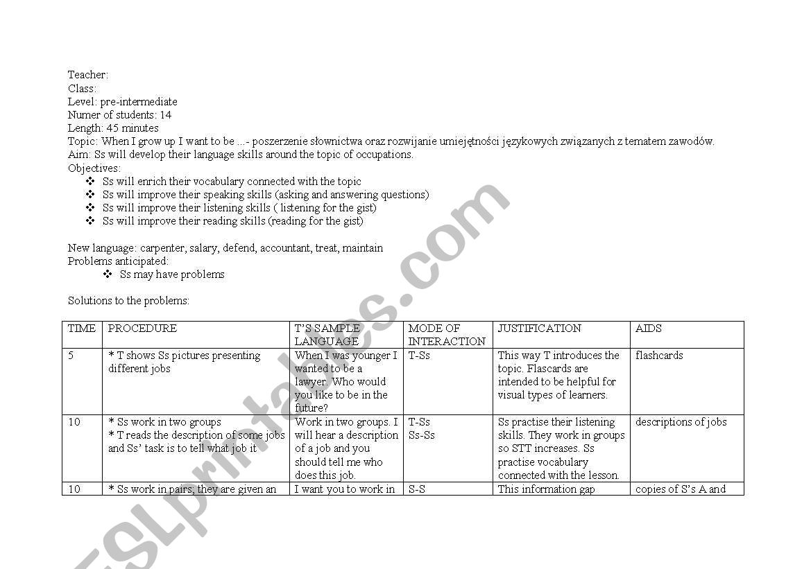 Jobs-lesson plan worksheet