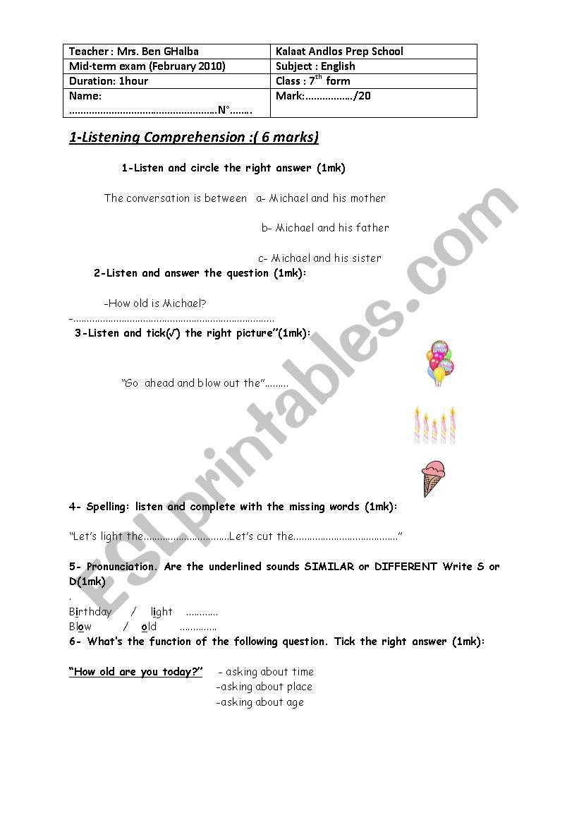 mid term test 2 for 7th worksheet