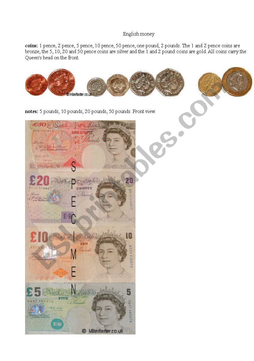 English coins and notes worksheet