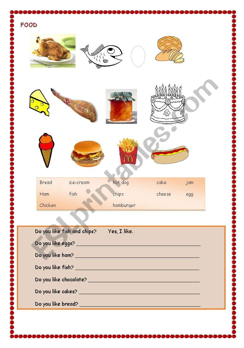 Food & like and dont like worksheet