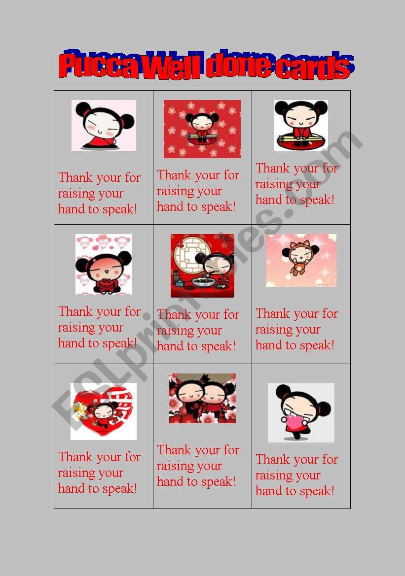 Pucca Well done cards worksheet