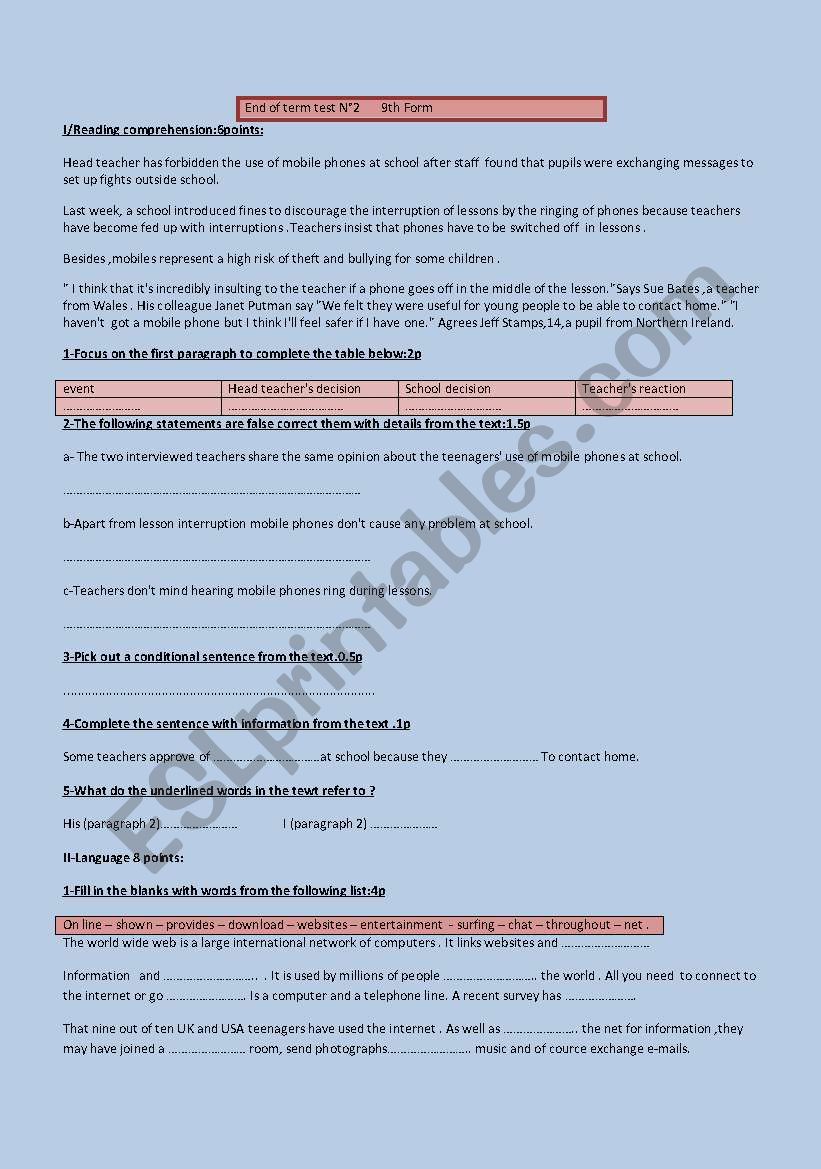 9th form end of term test worksheet