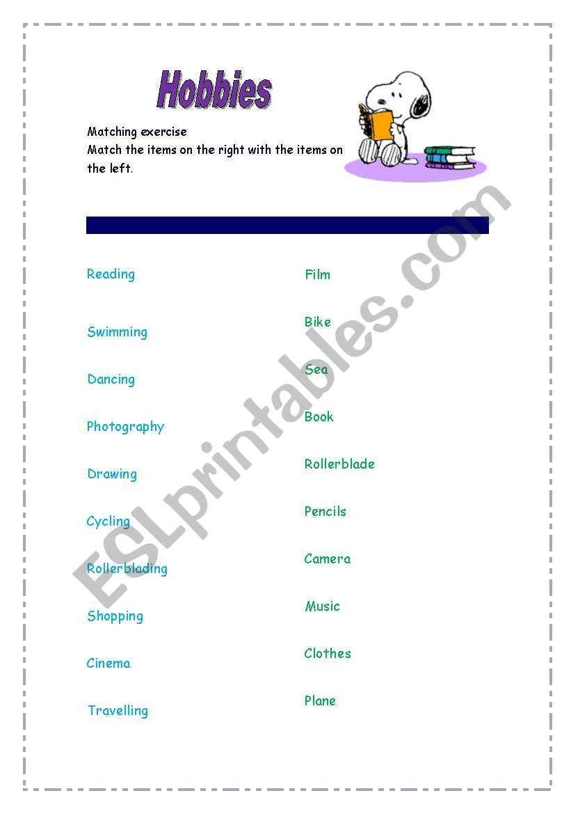 Hobbies - a matching exercise worksheet