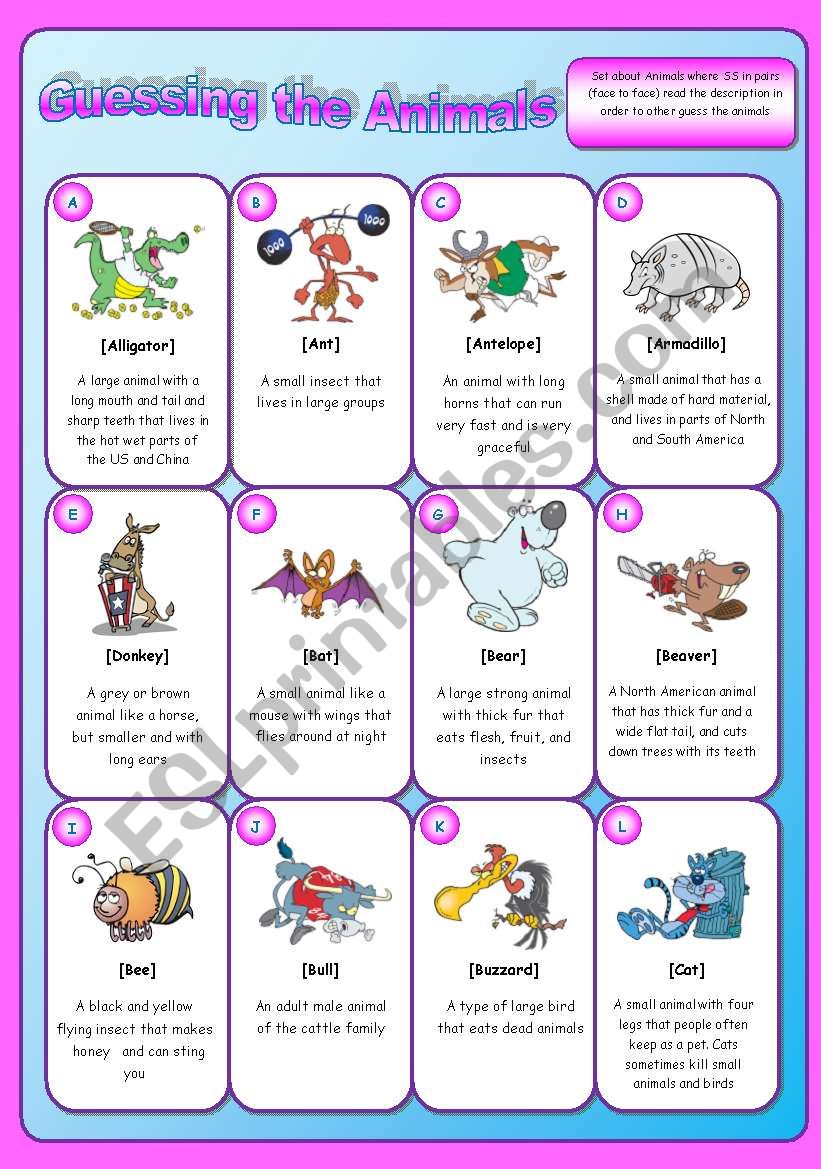 Animal description Game worksheet