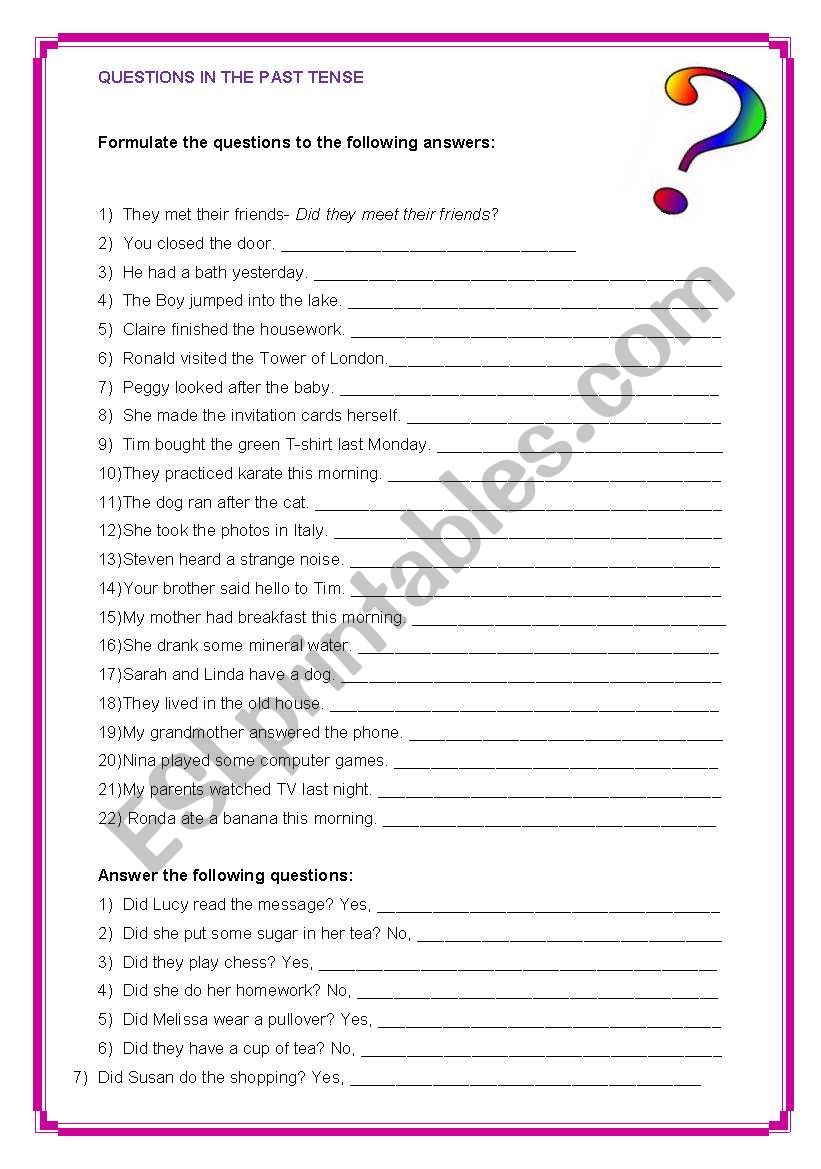 past tense questions worksheet