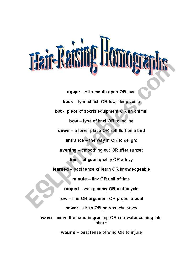 Homophones and Homographs worksheet