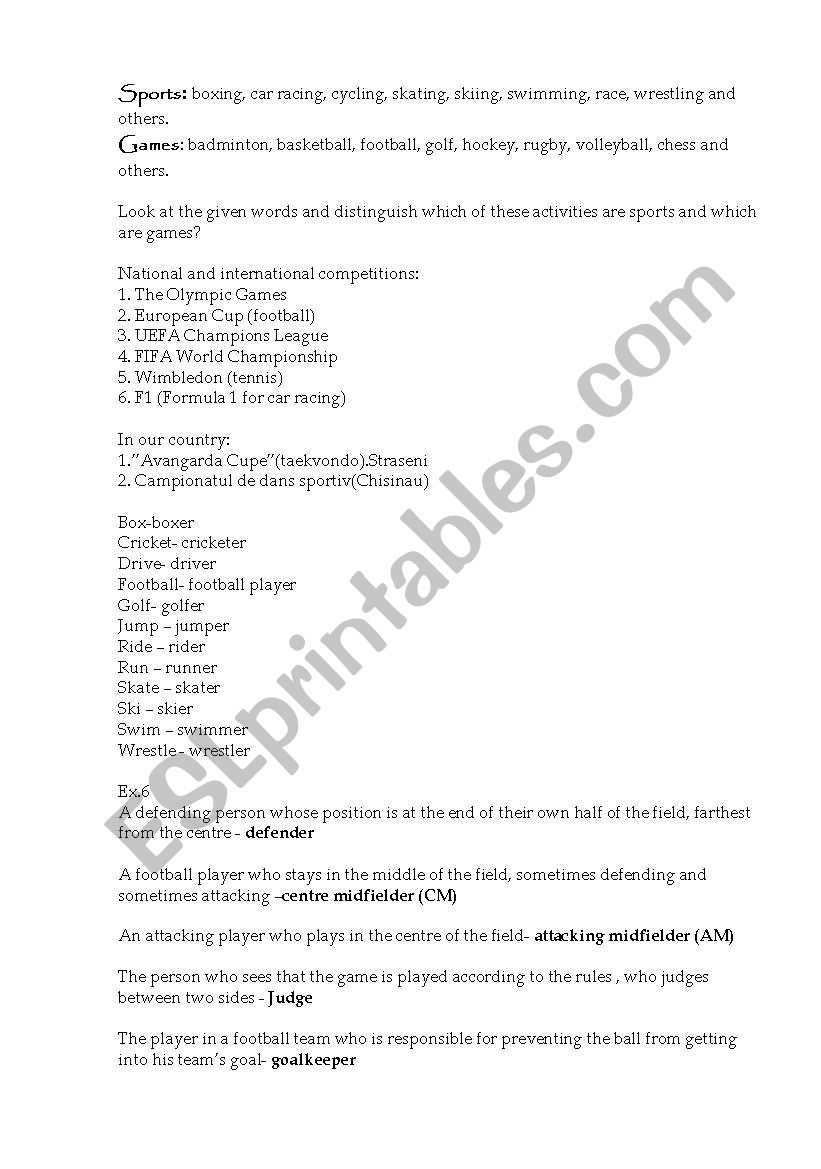 sports worksheet