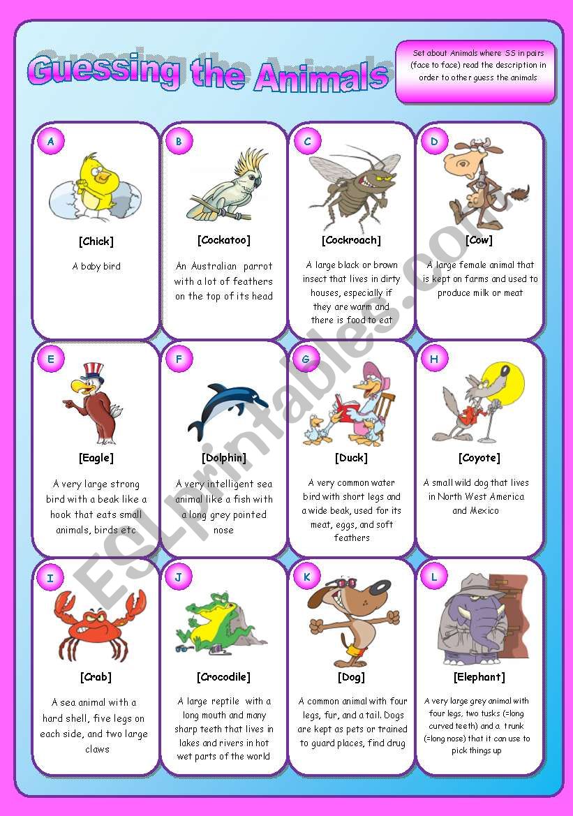 Animal description Game worksheet