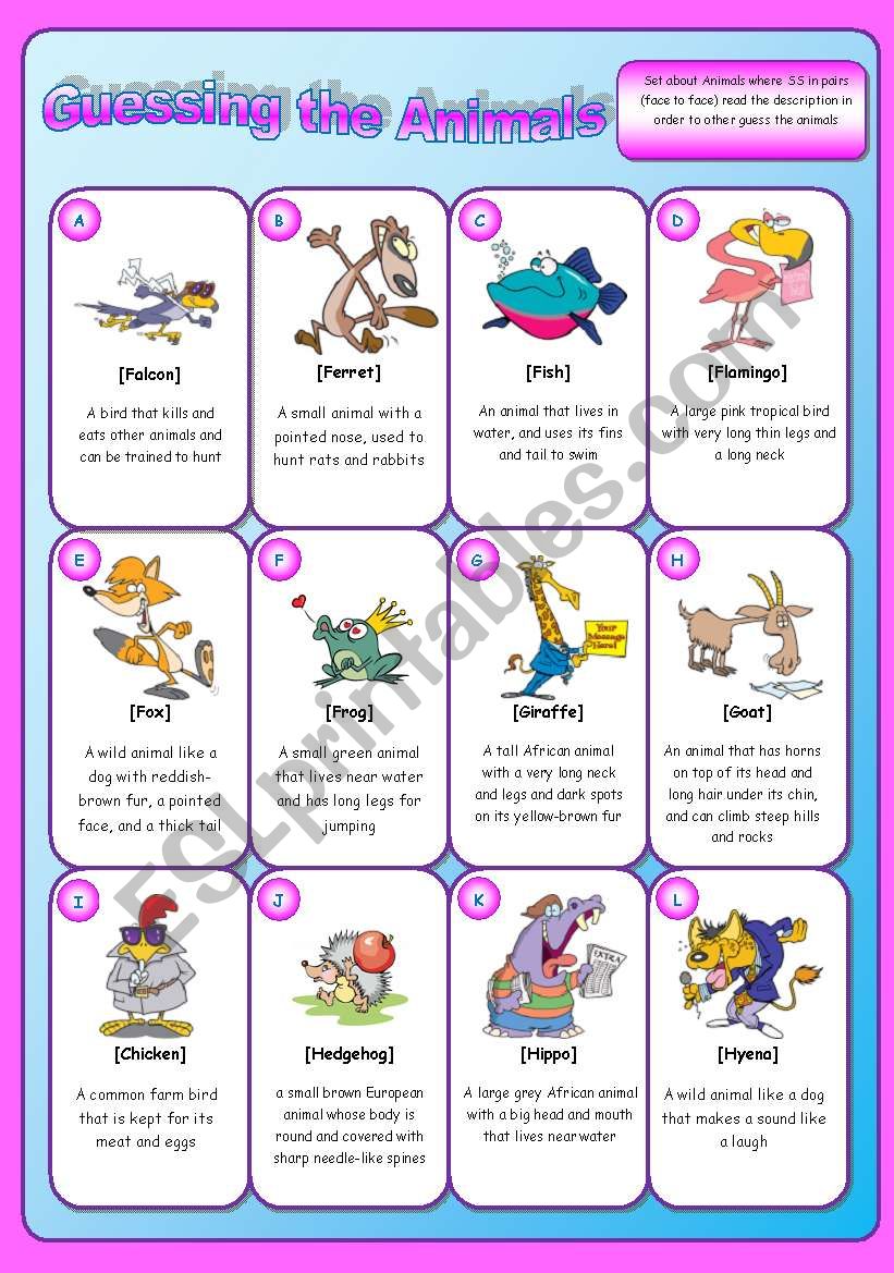 Animal description Game worksheet