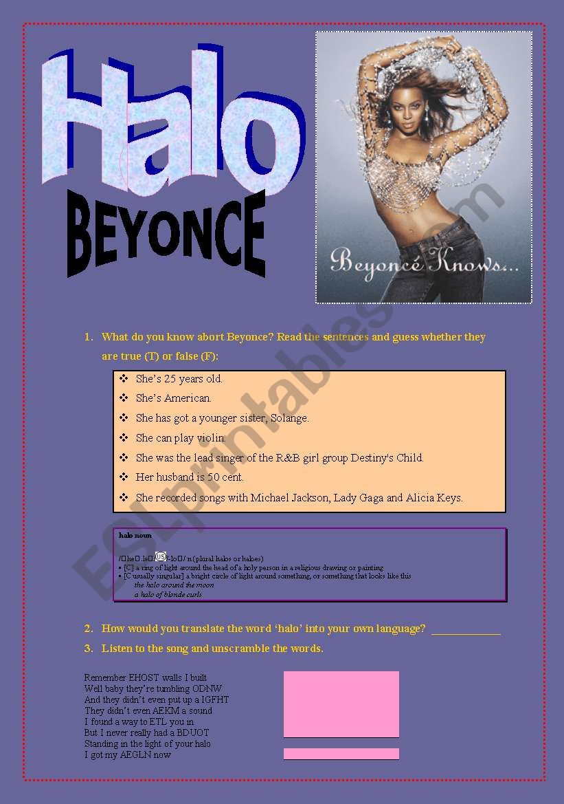 Beyonce halo  worksheet