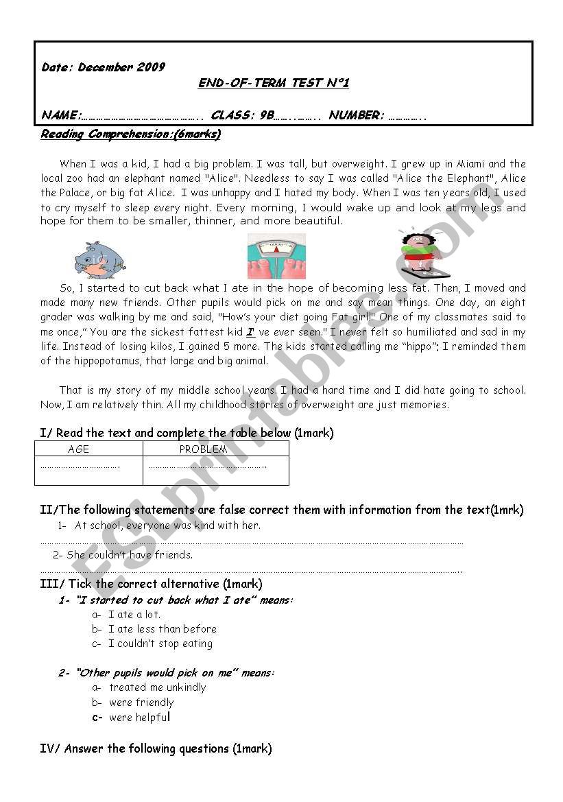 end-of-term test 9th grade tunisian students