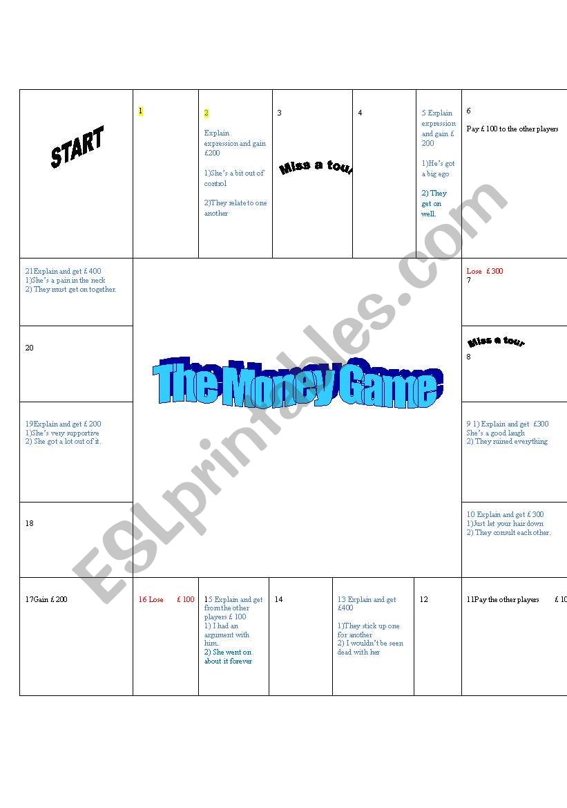 The Money Board Game worksheet