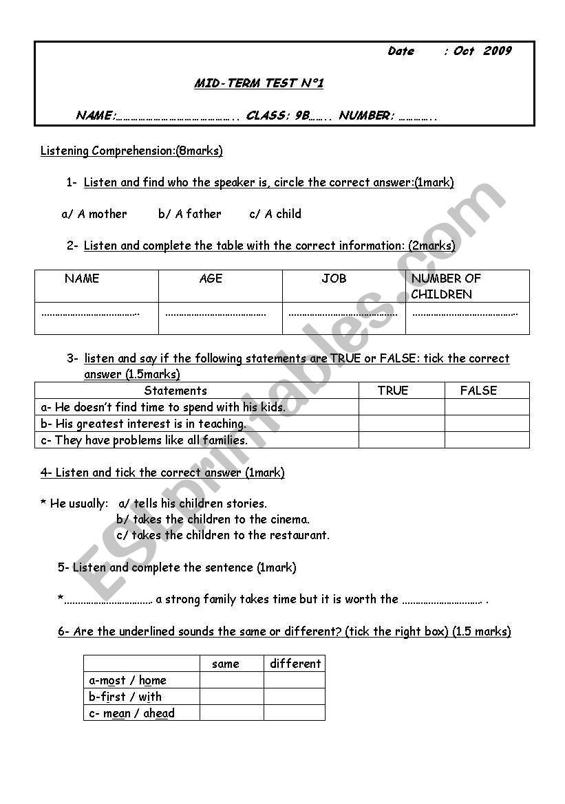 mid-term test 9th grade tunisian students