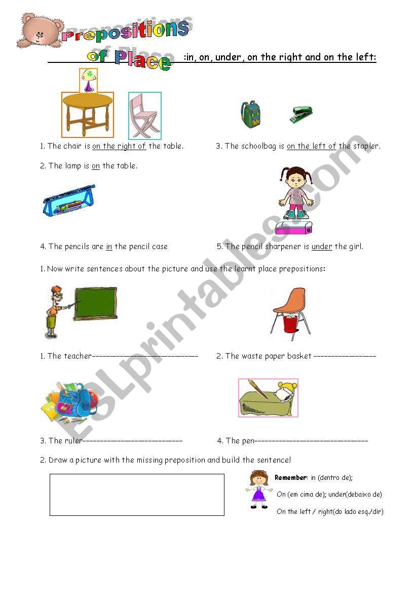 place prepositions: on, under, in, on the right / left