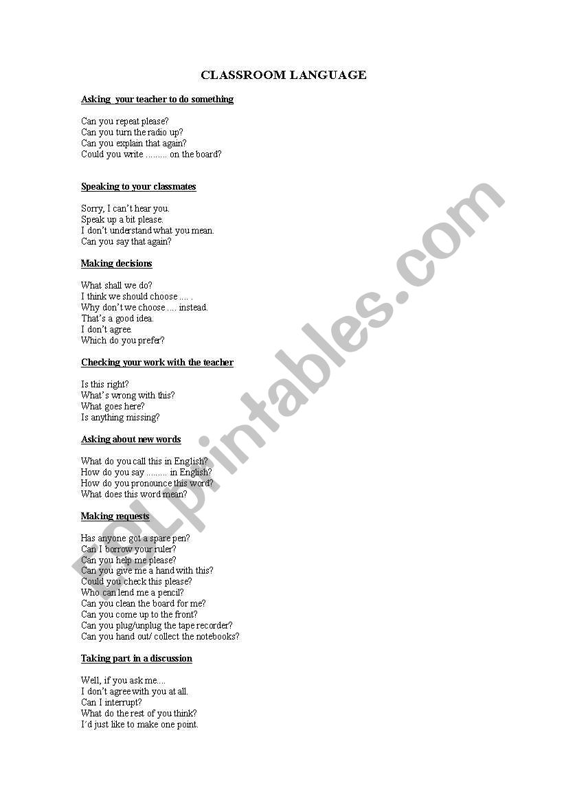 Classroom Language worksheet