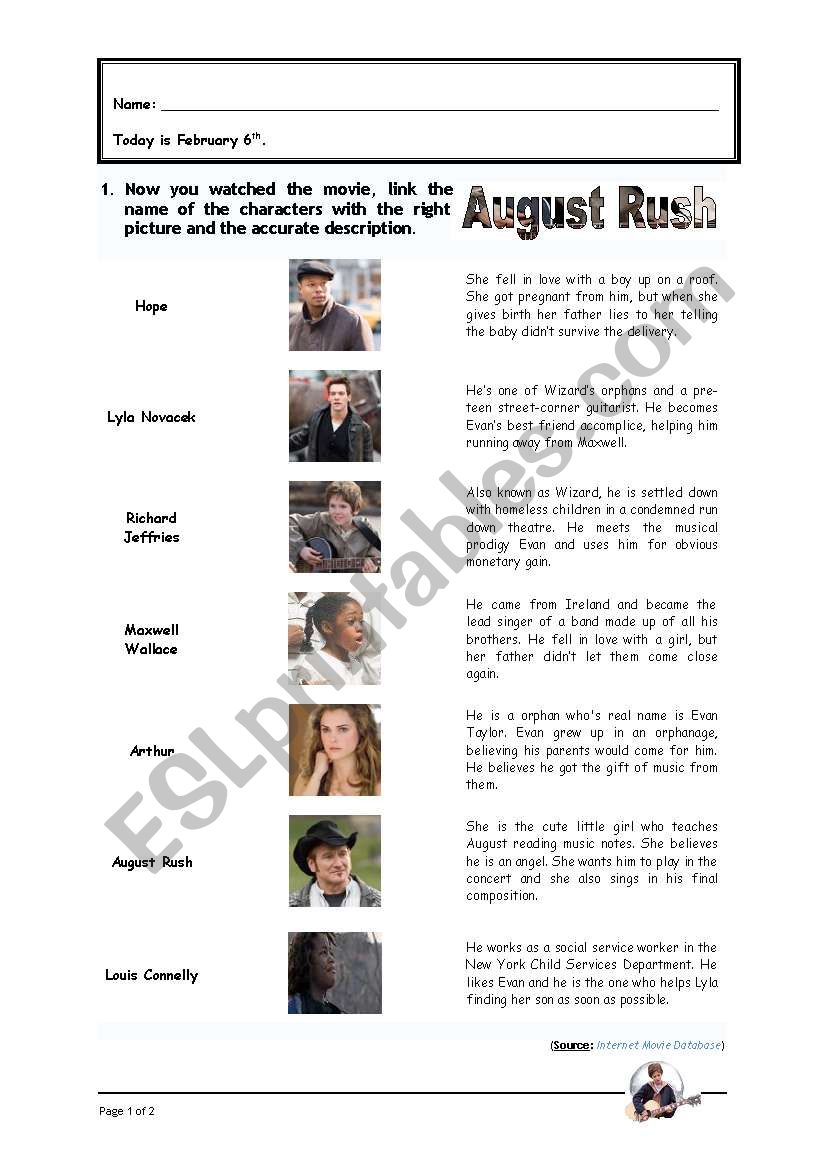 August Rush - Worksheet # 1 worksheet