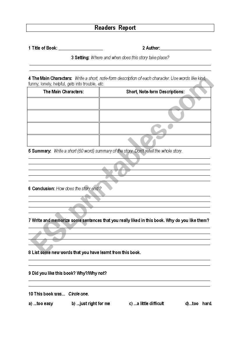 Book Report worksheet