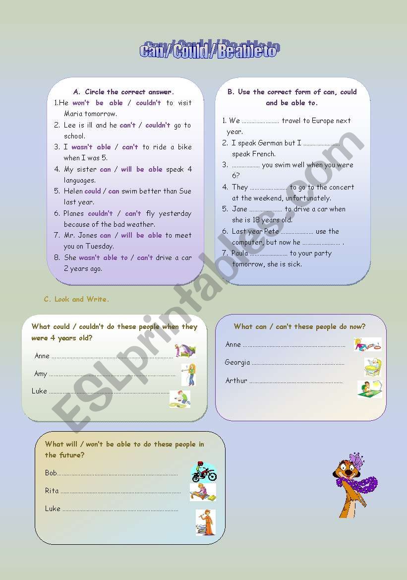 Can / Could / Be able to worksheet