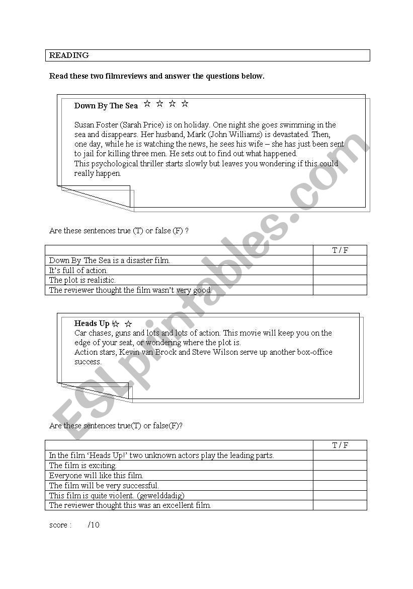 Reading: film review worksheet