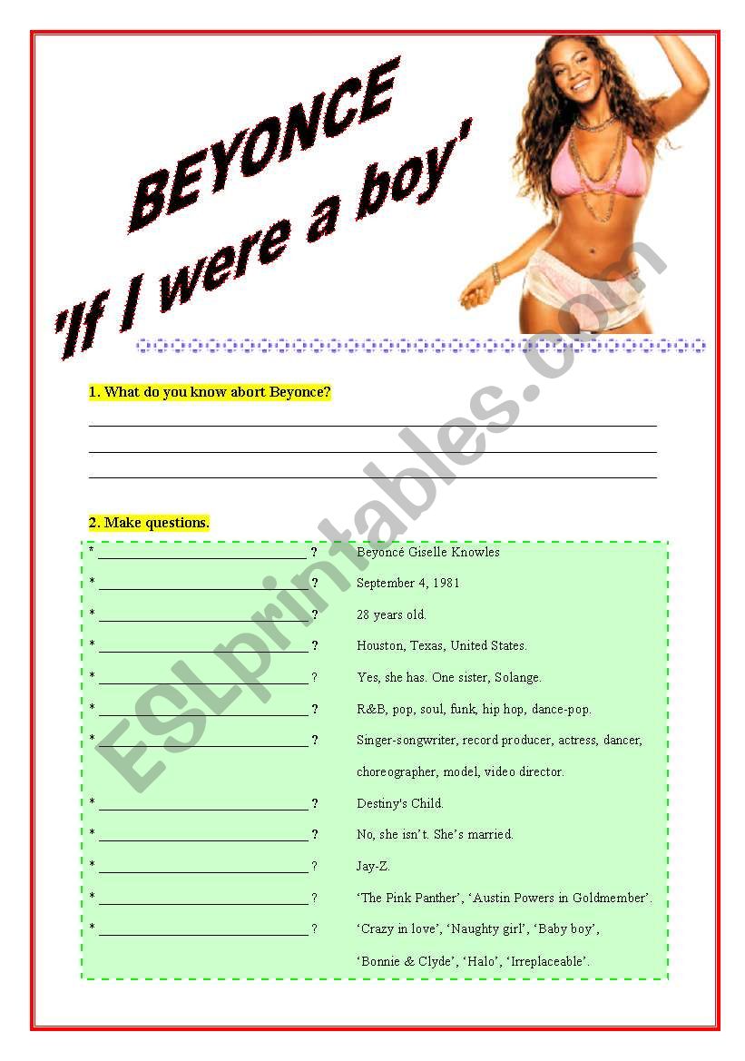 Beyonce if I were a boy  worksheet