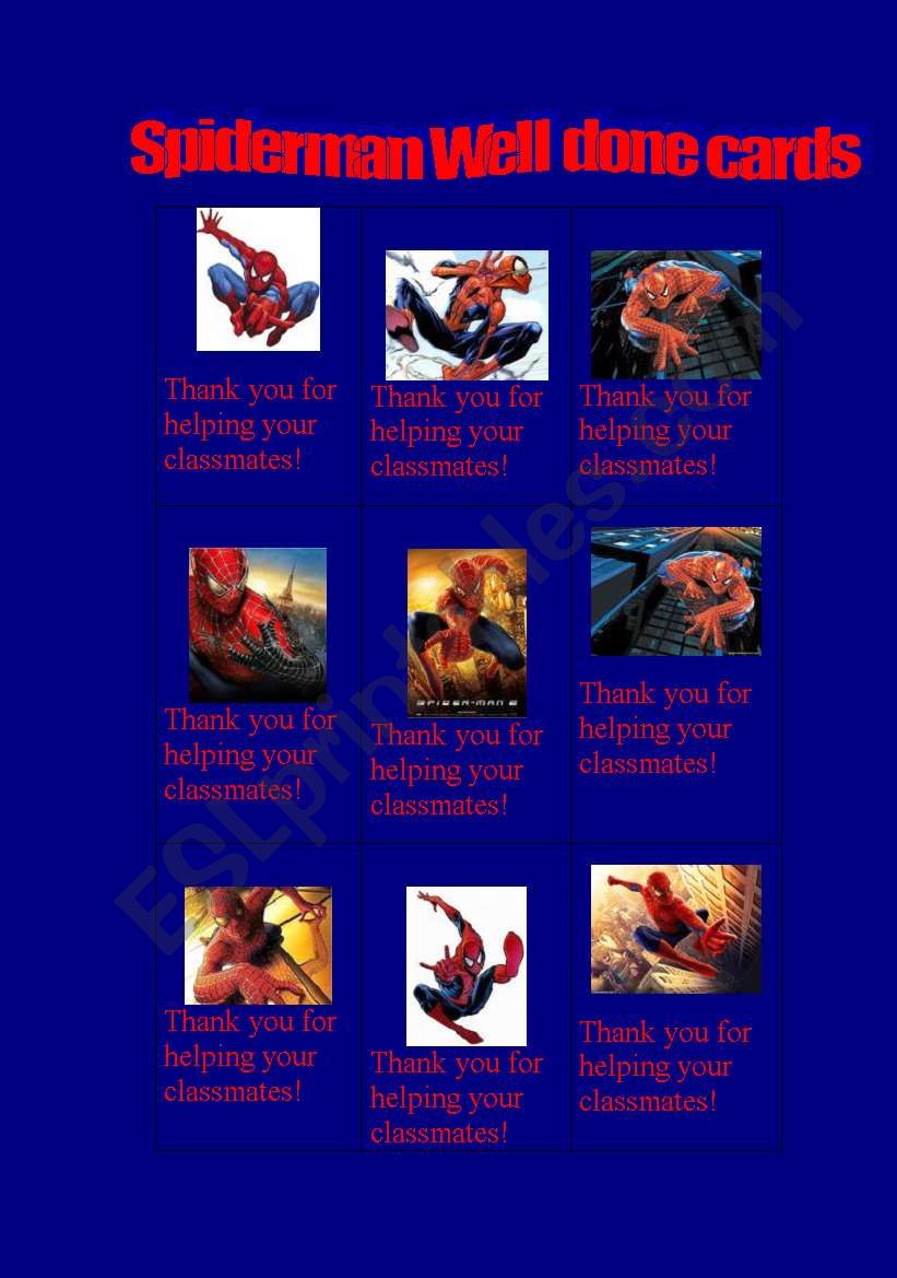Spiderman Well done cards worksheet