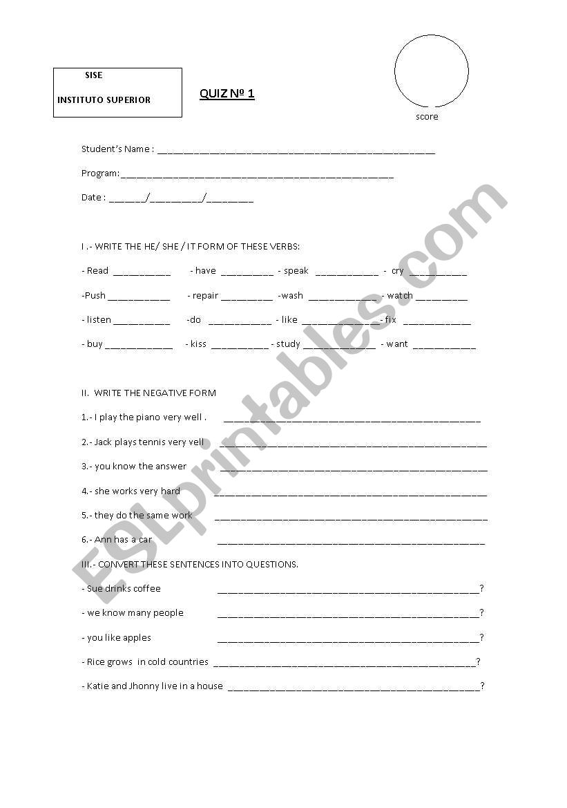 quiz about simple present worksheet