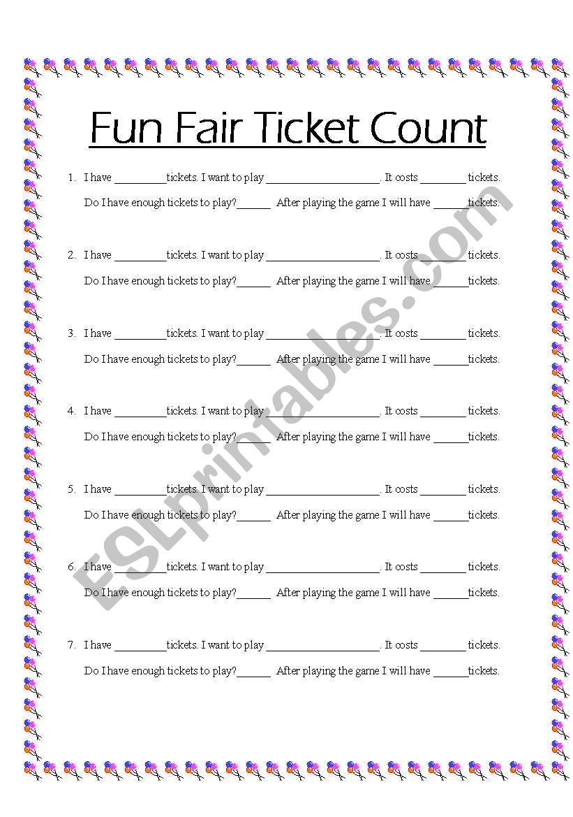 Subtracting tickets worksheet