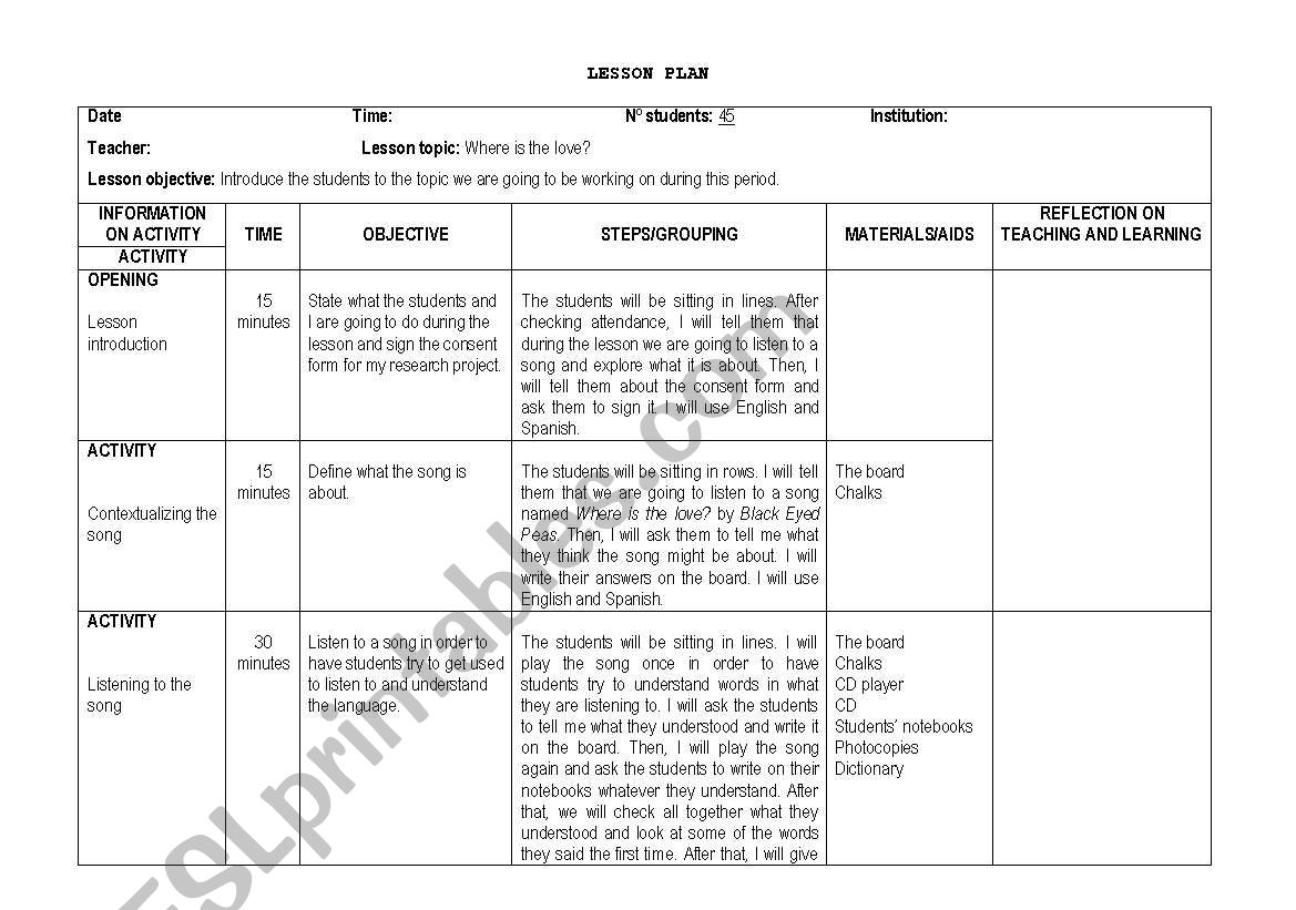 LESSON PLAN BASED ON A SONG worksheet