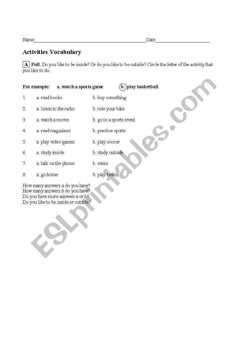 Inside or Out worksheet