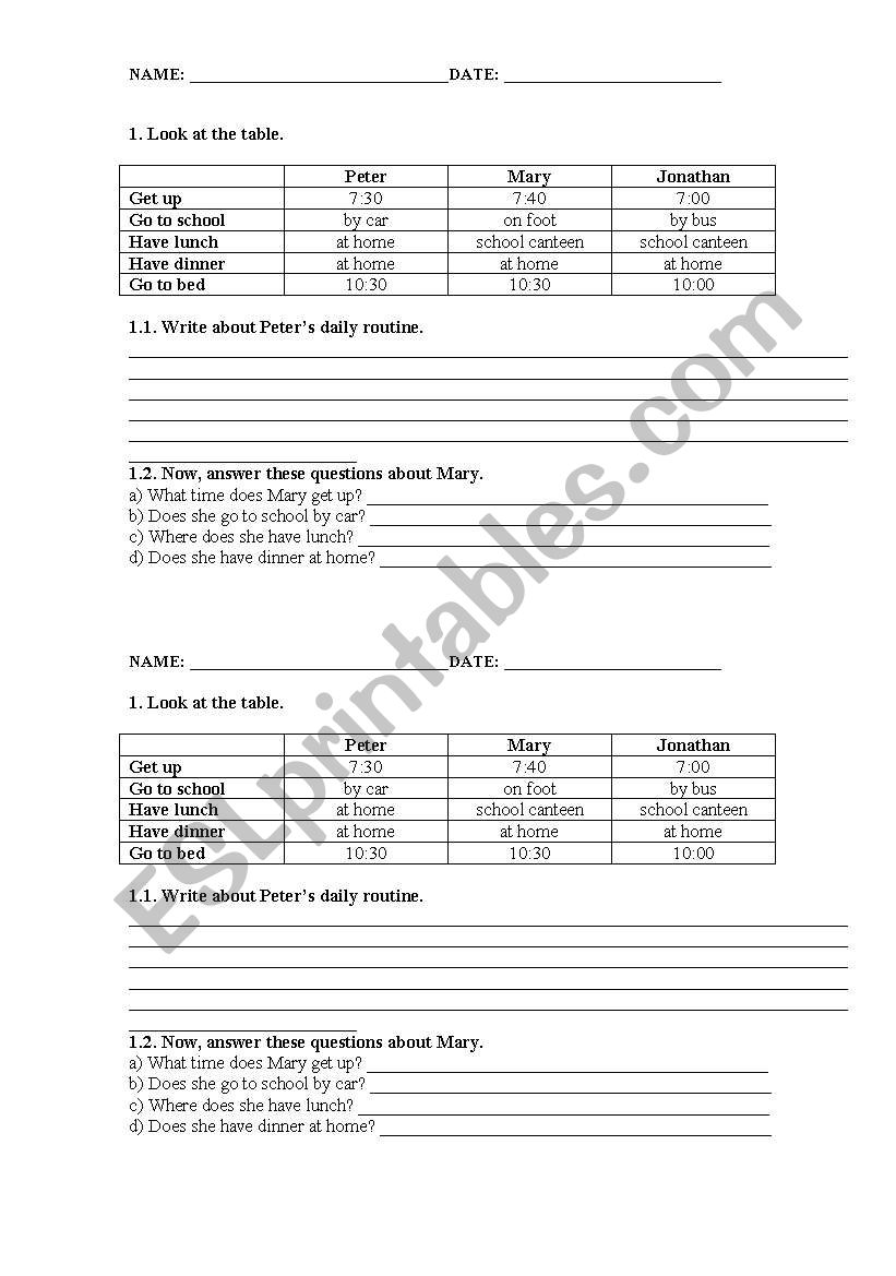 daily routine worksheet