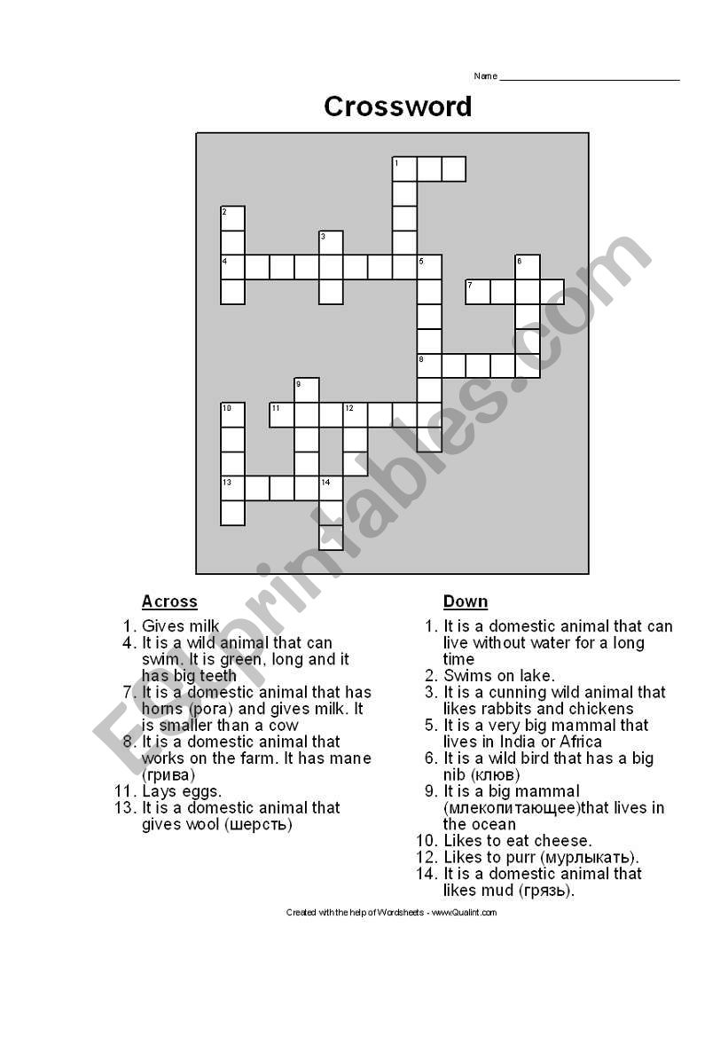 crosswords animals worksheet