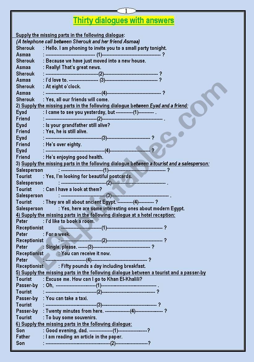 thirty dislogues with answers worksheet