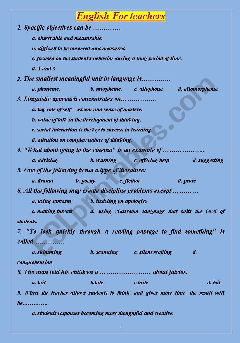  english for teachers worksheet