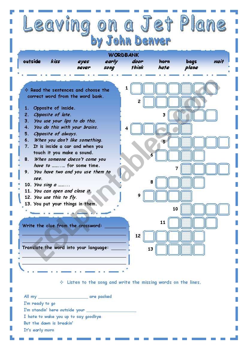 LEAVING ON A JET PLANE *** 3 pages***