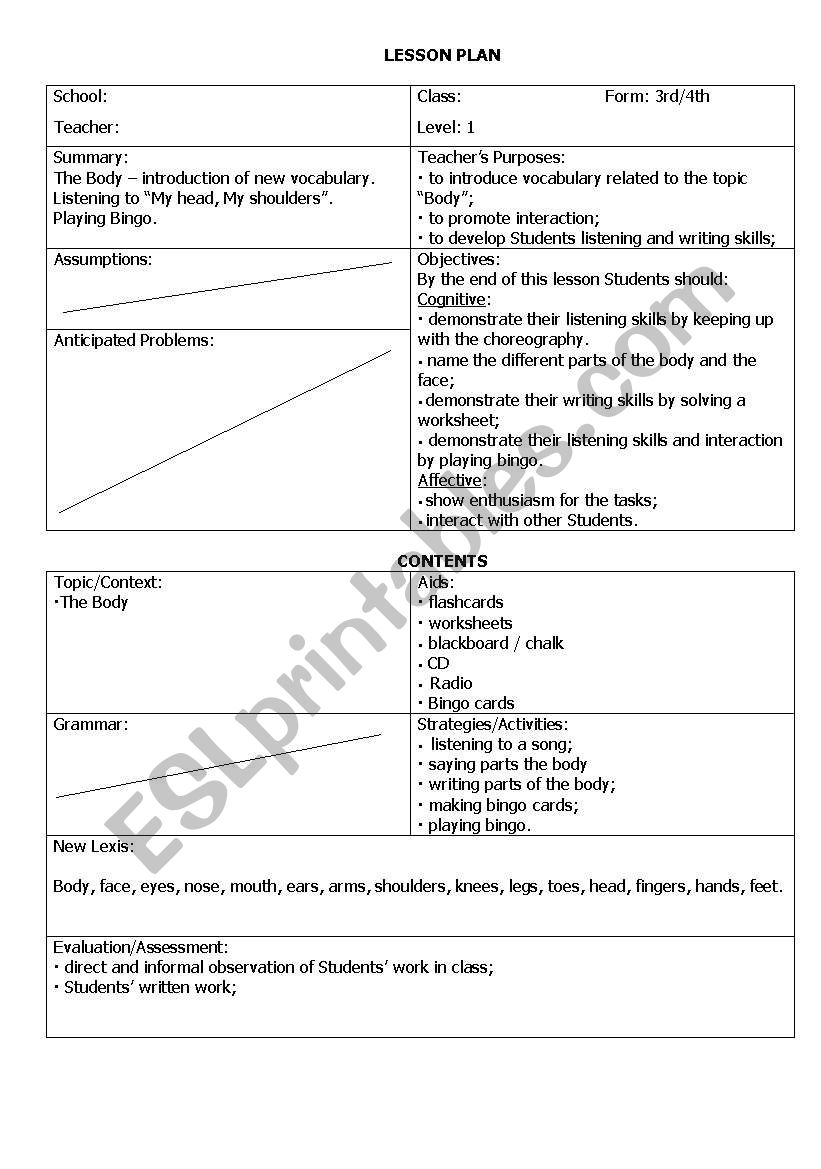 The Body - lesson plan worksheet