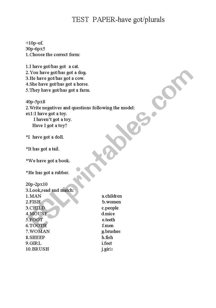 Have got,plurals worksheet