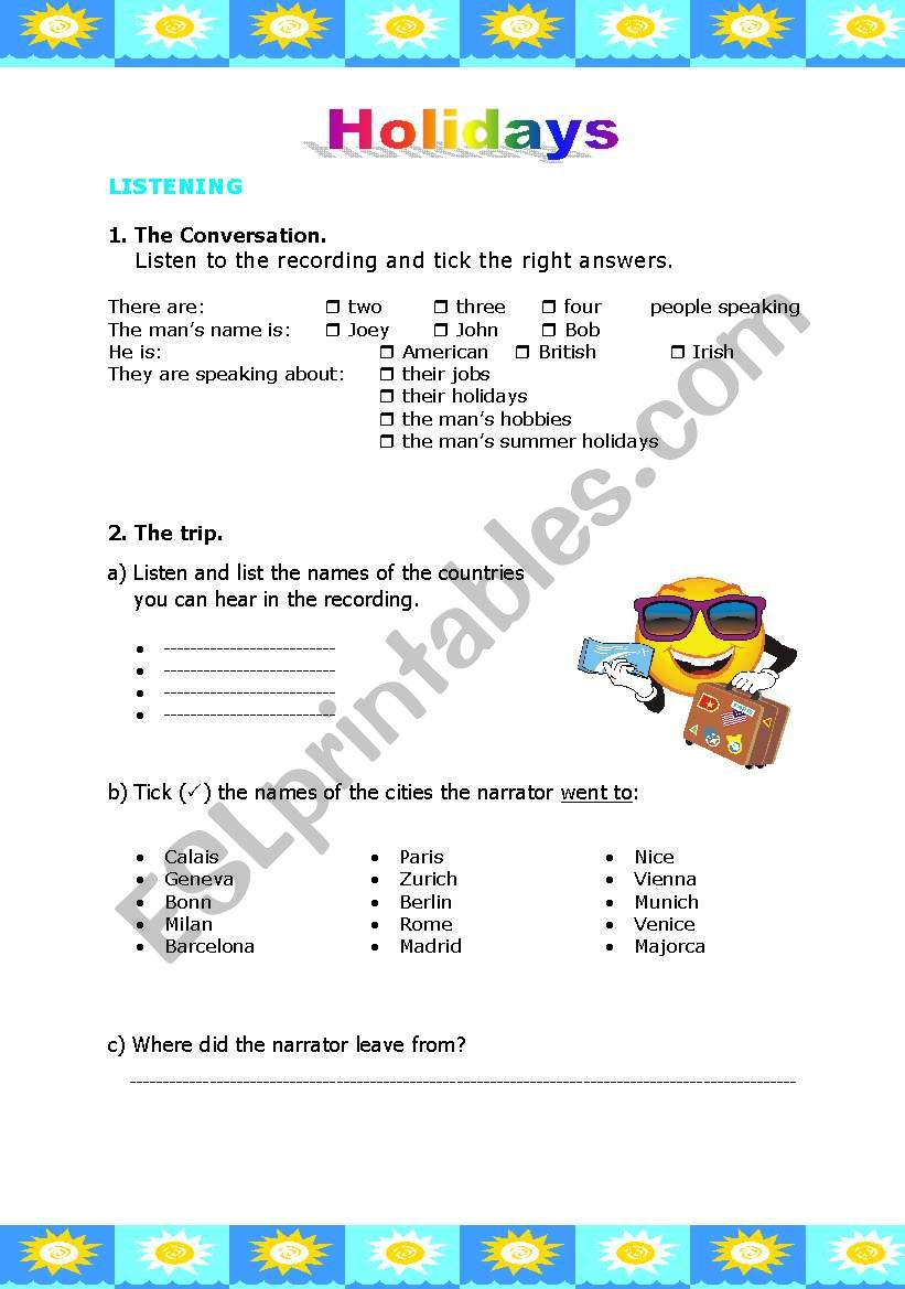 Holidays worksheet