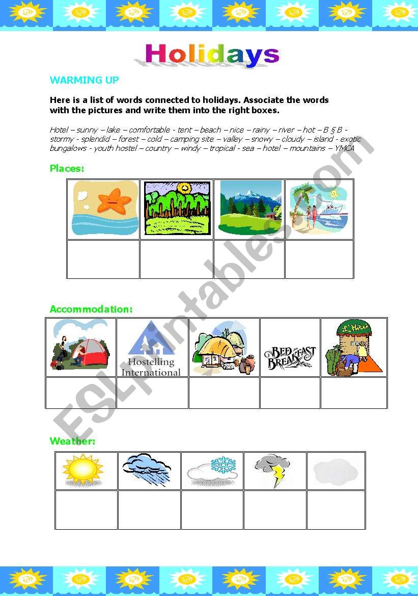 Holidays: warming up worksheet