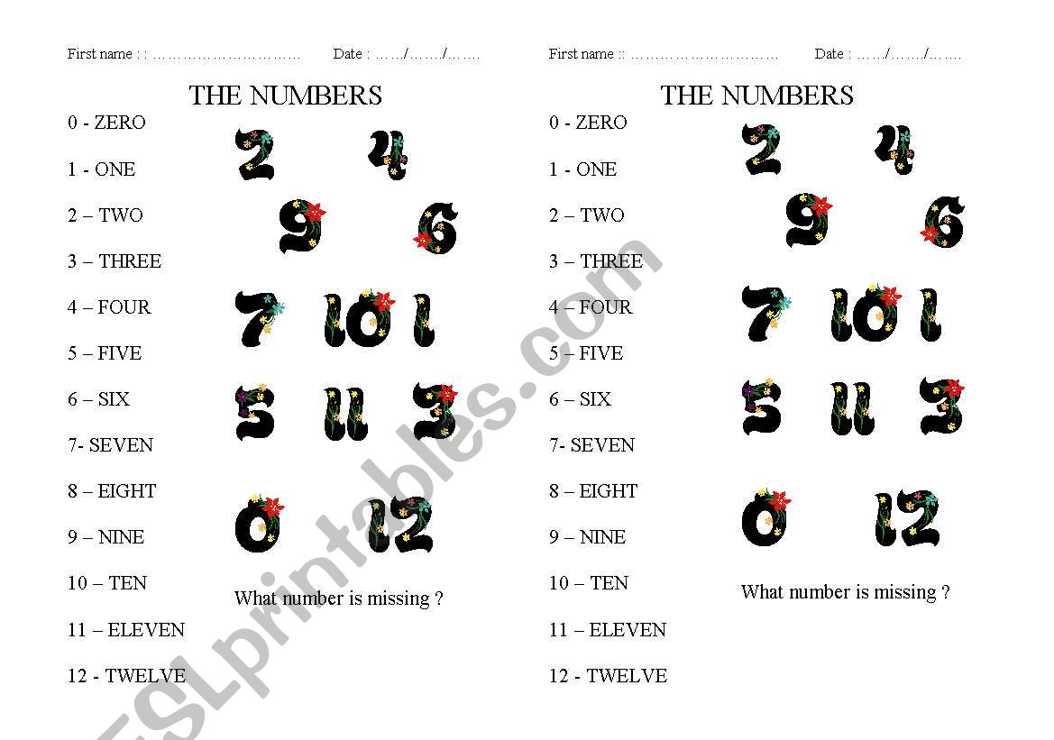 The numbers 0 to 12 worksheet