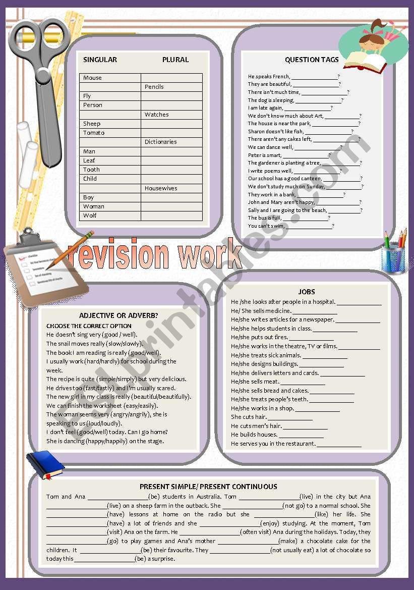 Revision work(present simp./cont, jobs/adjectives...)