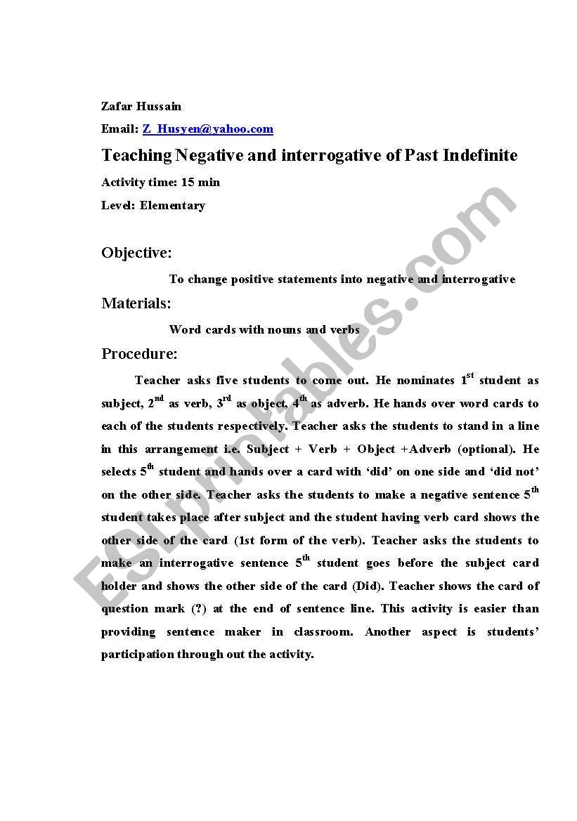 Activity For Teaching Negative and Interrogative of Past simple 