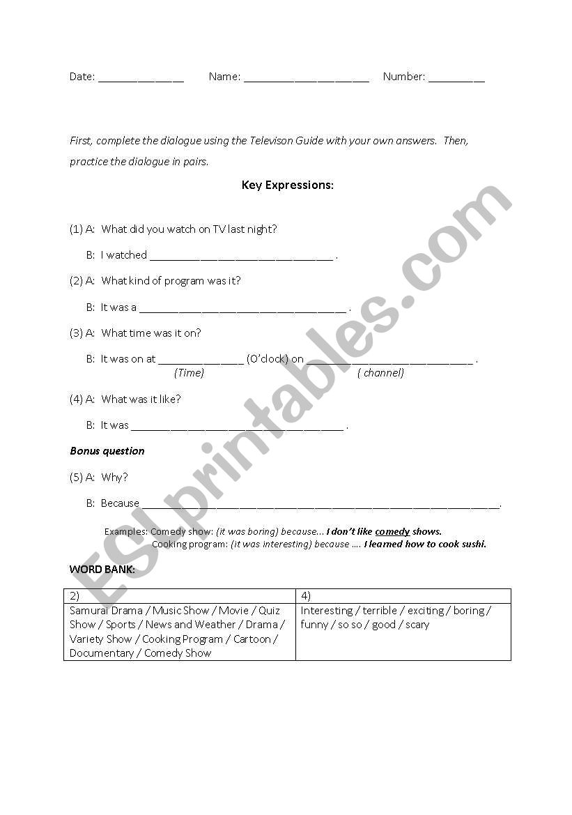 TV Guide Expressions worksheet