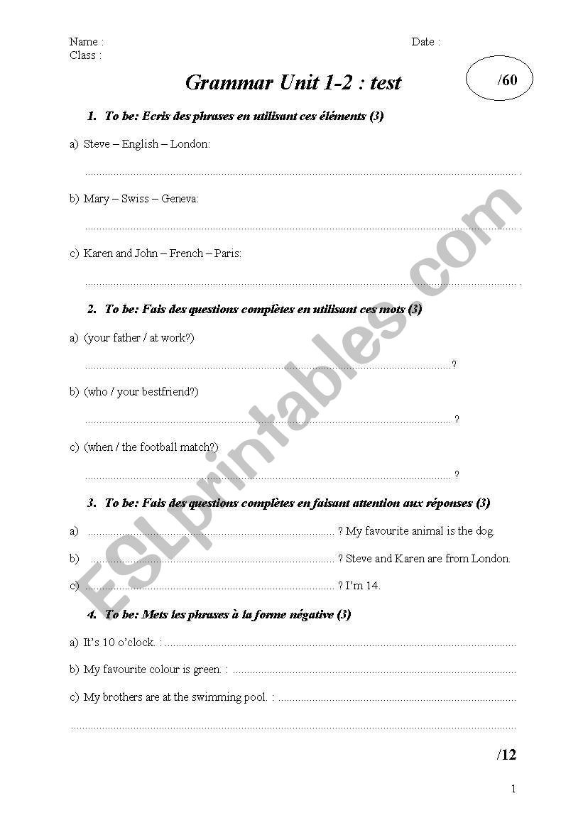 Grammar test worksheet